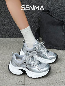 Senma Dad Shoes Womens Shoes Silver 2024 Autumn New Arrival Thick Sole Height Increasing Breathable Mesh Surface Casual Sneaker Ins