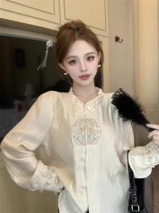 GUZILIAN | Elegant Embroidered Loose Fit Shirt Womens French Collar Vintage Chinese Style Slimming Fashionable Top High-End Feeling