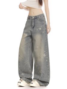 กางเกงยีนส์ทรงหลวมสไตล์ย้อนยุคแบบต้นฉบับพร้อมดีไซน์ดั้งเดิม ทรงยาว ทรงตรง ความหนาปกติ ผ้าฝ้ายผสม