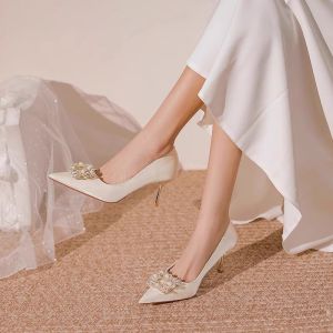 รองเท้าแต่งงานส้นสูงแบบฝรั่งเศส รองเท้าแตะส้นบางประดับคริสตัล ทรงหัวแหลม สำหรับผู้หญิง ฤดูใบไม้ผลิและฤดูร้อน รองเท้าแตะส้นเดี่ยว