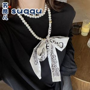 Silk Scarf Pearl Bean Bag Ribbon Fancy Arm Bag Womens Niche Style Decorative Necklace Scarf Spring and Summer Temperament Clavicle Chain