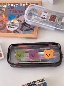 HAYYLIFE Transparan Pencil Case Simple Minimalist Black White Aesthetic Tempat Pensil Bahan Plastik PVC Transparan Dengan Resleting HL-AIA777