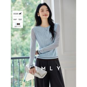 Vimly | Color-blocked Slimming T-Shirt Female Gray Round Neck Autumn