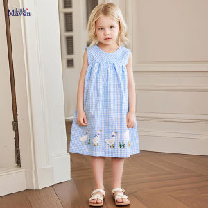 ชุดเดรสแขนกุดน่ารักสำหรับเด็กผู้หญิง Little Maven กระโปรงทรงเอคอวีสีพื้นสำหรับเด็กผู้หญิงในฤดูร้อน
