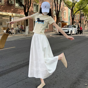 Váy Dài Xếp Ly Ren Trắng Cạp Cao Đa Năng Cho Nữ Mùa Hè 2025 Váy Midi Chữ a Dáng Rộng Màu Trơn Váy Midi Dài