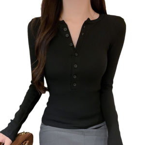Solid Single Breasted Long Sleeve T-shirt Women Slim Fit Long Sleeve Tops 2025 Autumn Fashion Casual Basic T-shirt