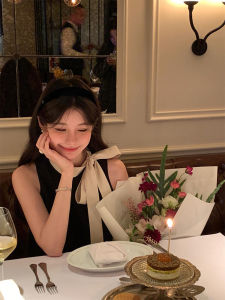 Elegant French Style Tweed Dress for Women Summer High Waist Sleeveless A-Line Skirt with Contrast Color Bow Decoration