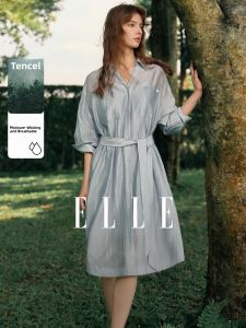 ELLE French Casual Summer New Light Weight Silk Dress Womens Commute Shirt Dress Elegant Straight Tube Dress Long Sleeve