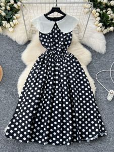 French Style Fancy Contrast-Color Doll Collar Fitted Waist Polka Dots Dress Womens Slim Looking Elegant Pleated Large Swing Lady Dress