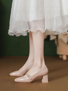 Nude Leather High Heels Womens Comfortable Shoes Fall Collection Single Strap Square Head Fashionable Mary Janes Footwear