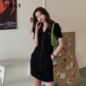 IELGY Đầm Có Mũ Trùm Đầu Ngắn Tay Phong Cách Hàn Quốc Cho Nữ
