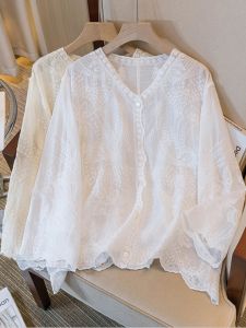 White V-neck Long Sleeve Sun Protection Plus Size Lace Embroidery Shirt