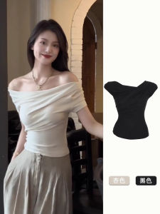 เสื้อยืดแขนสั้นคอวีสไตล์ฝรั่งเศสสำหรับผู้หญิงในช่วงฤดูร้อนปี 2025 เสื้อแขนสั้นทรงเข้ารูปสุดเซ็กซี่สำหรับสาวๆ