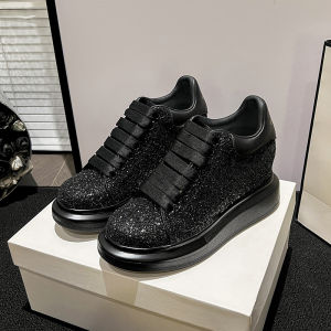 Womens Sporty Flat Laced Casual Shoes with High Inner Lift And Sequin Thick Heel Black Size 33 New Autumn Style 2025