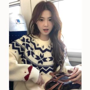 Christmas Sweater Womens Lazy Style Cashmere Knitted Top Winter Base Layer Pullover Soft Cozy round Neck Long Sleeve Shirt