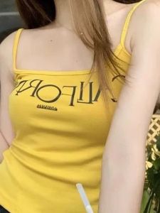 Áo Vest Chữ Màu Trơn Ngắn Cho Nữ Áo Thun Cổ Vuông Không Tay Mùa Hè Thường Ngày Phong Cách Đường Phố Dáng Ôm