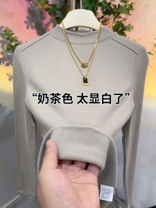 เสื้อยืดผู้หญิงทรงเข้ารูปเอวกระดูกปลาสไตล์ยุโรปฤดูใบไม้ร่วง/ฤดูหนาว เสื้อเชิ้ตคอปกครึ่งสูงแขนยาวสีพื้น