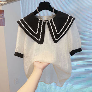 Summer Color Block Doll Collar Cover up Chiffon Top Womens Fashion Korean Style Loose Fit Short Sleeve Embellished Blouse