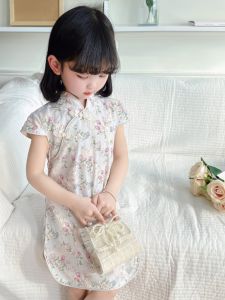 Girls Cheongsam Dress Summer New Style Fairy Tale Princess Cotton Fabric Floral Pattern Short Sleeve Chinese Style Childrens Clothing