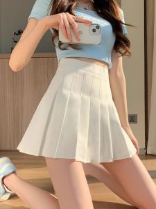 White A-Line Mini Skirt Womens Preppy Style Pleated Skirt High Waist Slimming Spring Autumn plus Size Suit Fabric Short Skirt