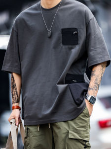 Bgyo American Retro Outdoor Zipper Pocket Design Short Sleeve Loose Color Block Functionality Style Mens T-Shirt Cotton Youth Casual Summer Wear