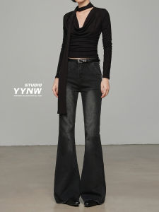 High Waist Bell Bottom Denim Jeans Womens Black Grey American Retro Style Slimming Horse Hoof Pants Casual Fit Zipper Closure