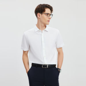 Septwolves Mens Short Sleeve Casual Shirt Elastic White Business Cotton Blend Summer New Style Polo Collar Standard Fit Shirt