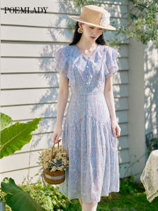 POEMLADY | Blue Geometric Print Short Sleeve Dress Floral