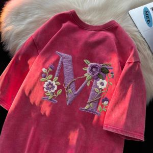 YEBO | Floral and Letter Embroidery-like Oversized T-Shirt Summer Vintage Washed