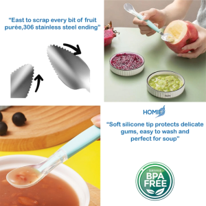 HOMIE Dual-Ended Baby Feeding Spoons – Stainless Steel Fruit Scraper & Soft Silicone Spoon Combo