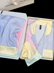 Color Block Ice ผ้าไหม ชุดนอน ชุดสําหรับผู้หญิง Rainbow Candy หวาน เสื้อผ้าบ้านแขนสั้น กางเกงขายาว ใส่สบาย ฤดูใบไม้ผลิ ฤดูใบไม้ร่วง