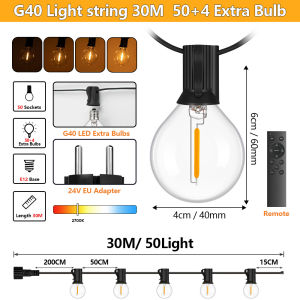 NEWSTYLE | Dimmable Outdoor G40 String Lights with 3 Lighting Modes and Remote Control IP44 Waterproof 24V Low-voltage 18-35M String Lights