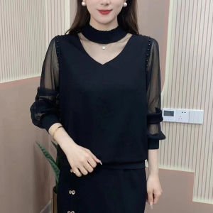 ฤดูใบไม้ผลิ ใหม่ ทันสมัย ตาข่าย แขนยาว เสื้อชั้นใน ผู้หญิง V คอ Overhead เสื้ออ่อนเยาว์บุคลิกภาพเสื้อยืดขนาดเล็ก