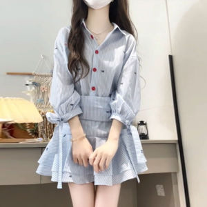 Korean Style Shirt Dress with Pleated Stripes And Flounce Hem Waist-Cinching Winter New Arrival Womens Fashion Dress