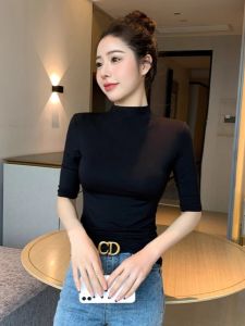 Áo Thun Modal Màu Đen Co Giãn Tay Ngắn Mùa Xuân Mỏng Năm Phần Áo Lót Cổ Cao Tay Lửng Giản Dị Phong Cách Hàn Quốc Thường Ngày