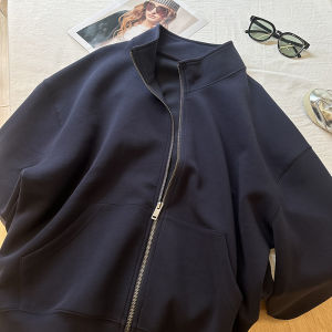 Loose Fit Zipper Long Sleeve Hoodie Womens Tibetan Blue Stand Collar Cardigan Outerwear Casual Versatile Autumn New Arrival