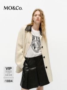 MO&Co. | Áo Khoác Vintage Lông Cừu & Alpaca Cổ Bịt Da Màu