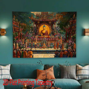 VIKAMA Zen Space Tapestry with Buddha Dharma Teaching Grand Scene Chinese Temple Zen Mural for Living Room and Wall Decor