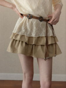 Cantonstory | Khaki High Waist Slimming A-Line Tiered Mini Skirt Spring