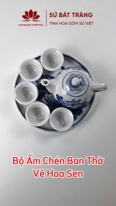 Bộ ấm chén ban thờ men Lam Bát Tràng cao cấp vẽ hoạ tiết Hoa Sen