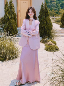 Pink Korean Style Vest Dress Set Womens Fashion Commute Style Two Piece Set High Waist Polyester Fiber Long Sleeve Casual Wear