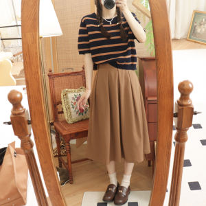 กระโปรงทรงเอความยาวปานกลางจับจีบเอวสูงสไตล์วินเทจใส่ทำงานในช่วงต้นฤดูใบไม้ร่วงเรียบเนียนกระโปรงทรงร่มผู้หญิง E 7305
