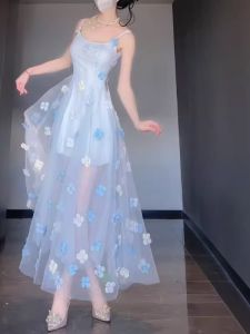 Summer Trend Soft Style Beautiful Flower Lace Halter Dress Midi Skirt Gathered Waist No Sleeve Womens Fashion Gown