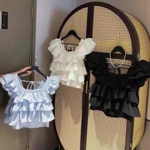 New Summer Girls Clothing for 2-7 Years Old Korean Version Sweet and Cute Square Neck Pleated Lace Sleeves Backless Bow Top