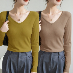 Lieoyuarn | Slenderizing Casual V-Neck Modal Thin T-Shirt Long Sleeve