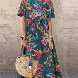 ชุดเดรสยาวแขนสั้นพิมพ์ลายดอกไม้ย้อนยุค กระโปรงทรงเอ คอตั้ง เอวกลาง ผ้าโพลีเอสเตอร์ ฤดูร้อน 2024 ชุดเดรสยาวปานกลาง