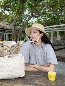 YUFUQING | Gray Bubble Sleeve Round Neck Short Sleeve Shirt Womens Loose Design Sense Top Summer New Style Drawstring Belted Casual Fashion