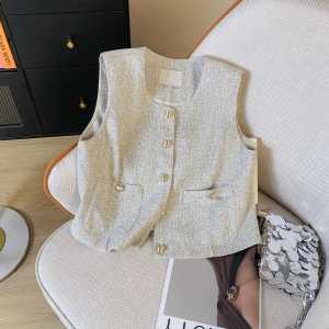 Vintage Small Fragrance Summer New Style Tank Top for Women Petite Outside Clothing Woven Texture Gold Buckle Vest
