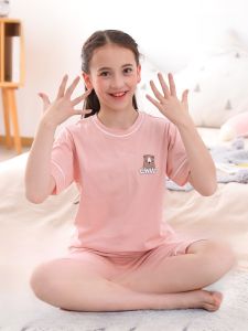 Miiow | Pure Cotton Childrens Sleepwear Set Short Sleeve Shorts Anti-Bacterial Home Clothes For Boys And Girls Ages 11-13 MiiOW Cat Person