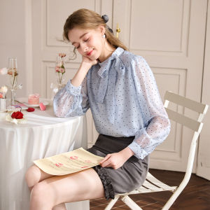 XIANGYING | Áo Sơ Mi Chấm Bi Pháp Có Cà Vạt Nơ Màu Xanh Nhạt